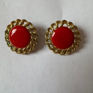 Gold Tone Red Round Stud Earrings Vintage Statement Fashion Jewelry